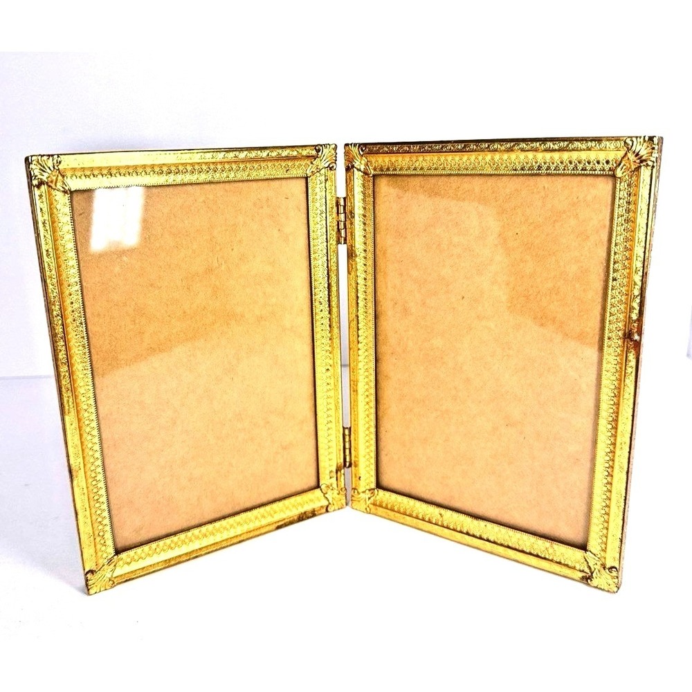 Vintage Brass Double Picture Frame 5x7 Hinged Folding Gold Ornate Frame